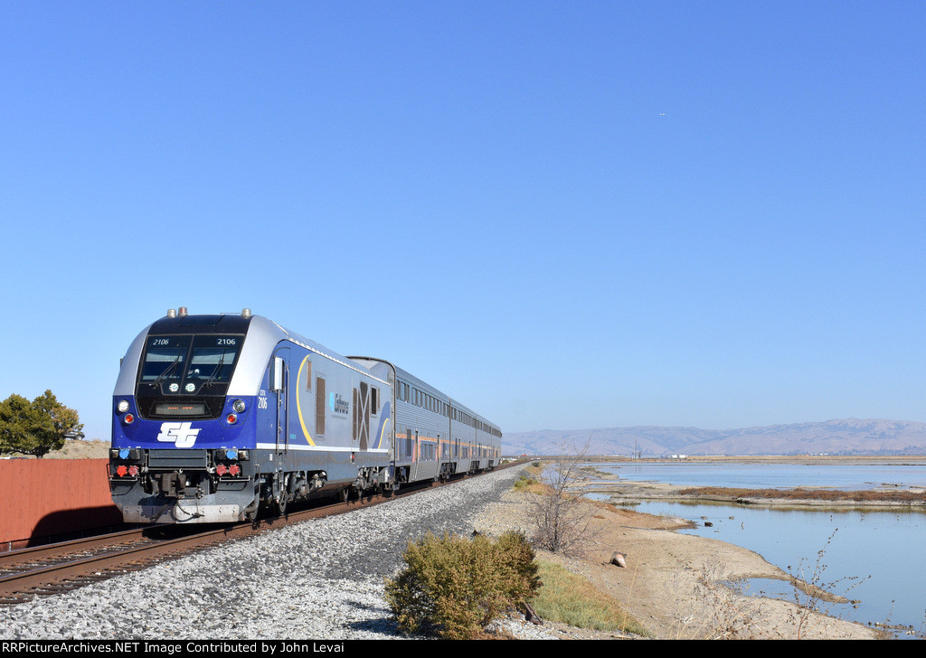 Amtrak Train # 529, enroute from Auburn to San Jose, approaches the Elizabeth Street Xing with Charger # 2106 on the point 